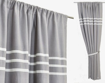 Grey White Linen Curtains, Minimalist Gray Bedroom Curtains, Rod Pocket Grey Linen Drapes, Grey White Striped Rod Pocket Custom Made Curtain