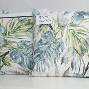 Botanical Print Cushion Cover with Green, Blue, Grey Print I Plant Print Modern Scandi Pillow Covers 18&quot;x 18&quot;. Custom sizes and colors.
