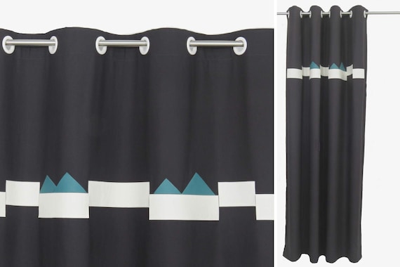 Graphite Grey White Teal Curtains Contemporary Geometric Dark Etsy