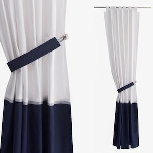 Nautical Coastal Curtains - Modern Ocean Theme White & Sea Blue Bedroom Drapes, Cabin Beach Hut Panels, Navy Blue Pinstripe Window Treatment