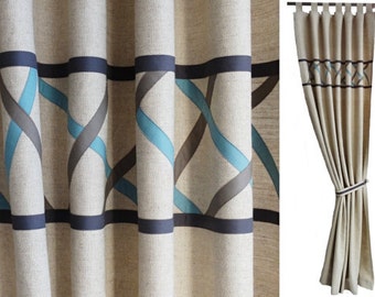 Scandinavian Style Brown Blue Linen Curtains, Geometric Modern Curtain Panels, Masculine Bedroom Curtain, Striped Minimalist Unique Drapes.