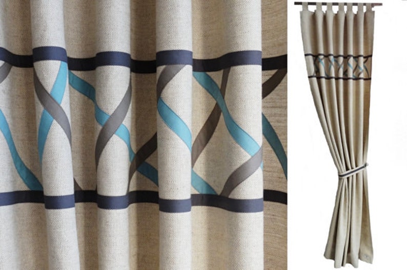 Geometric Unique Drapes. Scandinavian Style Brown Blue Gray Beige Linen Curtains Masculine Bedroom Curtain Funky Modern Curtain Panel