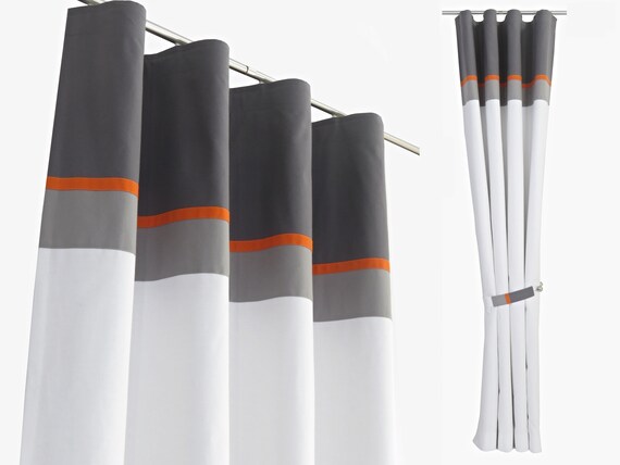 Mid Century Black White Orange Curtains Panels With Lining Etsy