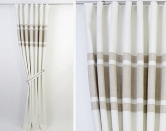 Bedroom Living Room Linen Curtains-Modern Two Tone White Beige Stylish Long Neutral Color Scandinavian Linen Curtains. Custom Sizes & Lining