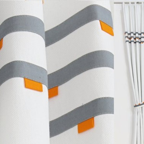 Orange Gray White Modern Curtains, Geometric Curtain Panel, Minimal Masculine Curtain, Contemporary White Gray Window Drapes, Mid Century.