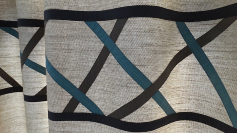 Geometric Unique Drapes. Scandinavian Style Brown Blue Gray Beige Linen Curtains Masculine Bedroom Curtain Funky Modern Curtain Panel