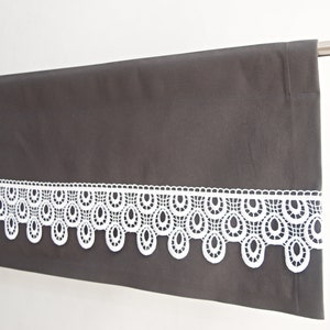 Charcoal Rod Pocket Minimal Valance Curtain with White Lace, Contemporary Feminine Elegant Window Valence Window Panel, Vintage, Retro Style