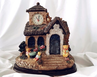 Large Solina Quartz Clock Tower Ceramic Cottage House Village Building Bears Sculpture WORKS