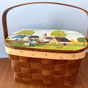 Wooden Hand Painted Picnic Basket Collectible Basketville Purse
