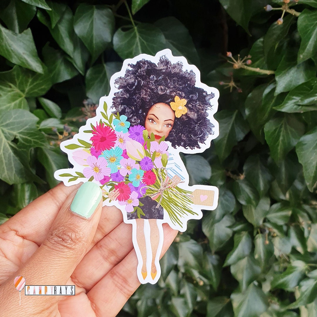 Black Girl Sticker | Curly Hair | Character Sticker With Flowers ...
