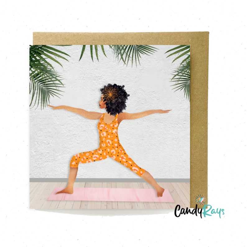 Black Afro Woman Warrior Two Yoga Pose Black Greeting Card image 1