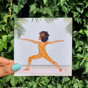 Black Afro Woman Warrior Two Yoga Pose Black Greeting Card image 3