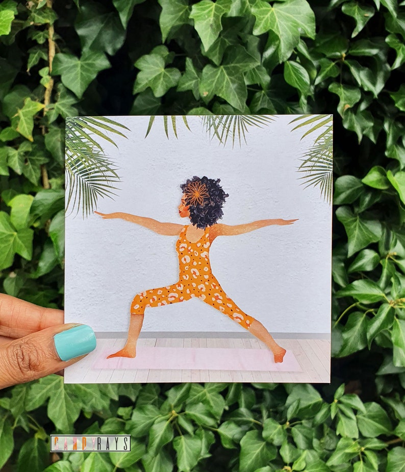 Black Afro Woman Warrior Two Yoga Pose Black Greeting Card image 3