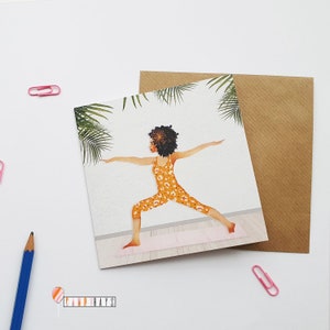 Black Afro Woman Warrior Two Yoga Pose Black Greeting Card image 4