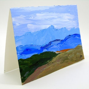 Peint à la main de voeux carte, carte de voeux de montagne, origine 5 x 7 acrylique paysage montagneux, paysage, empâtement, impressionniste, carte de remerciement
