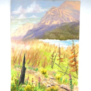 Original 9x12 Pastel Painting of a Burnt Forest in Glacier National Park, Going to the Sun Road, Original Mountain Lake Landscape Painting