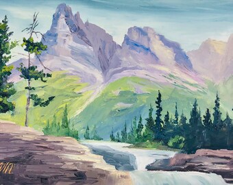 Original 5x7 Mountain Landscape Oil Painting, Small Unframed Mountain River Painting, Glacier National Park, Montana