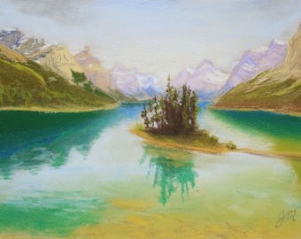 Original 9x12 Pastel Mountain Landscape Drawing, Spirit Island, Maligne Lake, Jasper National Park, Alberta, Unframed Pastel Painting