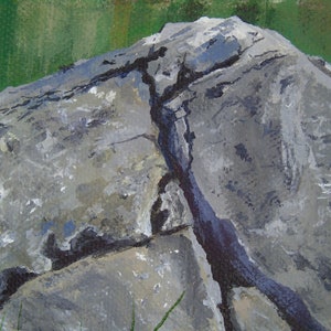 May include: Close-up of a painted rock formation. The rock is primarily gray with lighter and darker shades, and a prominent dark crack runs through it. The background features green and tan hues, suggesting a natural landscape.