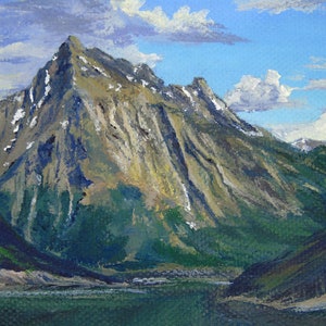 May include: An oil painting depicts a mountain landscape with a large, snow-capped peak dominating the scene. The mountain is painted in shades of gray, brown, and green, with a blue sky and fluffy white clouds in the background. A lake is in the foreground.