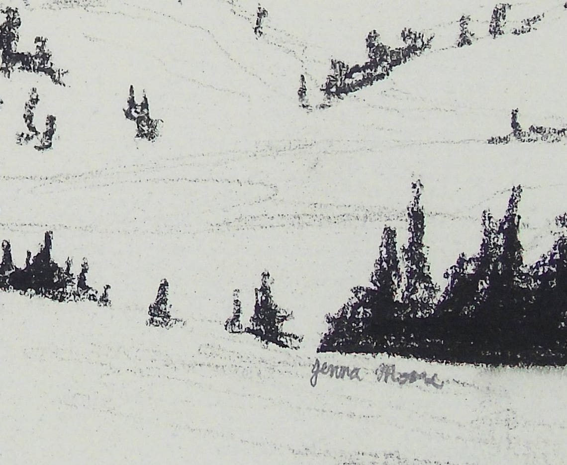 Original Charcoal Mountain Landscape Drawing, 5x7 Inch Drawing Framed
