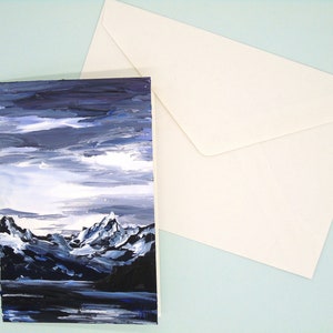 Carte de Noel peinte à la main, carte de voeux d'hiver, peinture originale de paysage de montagne acrylique 4x6, anniversaire, anniversaire, carte de remerciement
