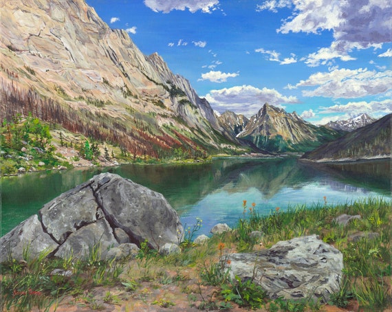 Limited Edition Giclee Print of Acrylic Mountain Landscape, Painting on Canvas, Fine Art Print, Living Room Art, 16x20 inch Lake Painting
