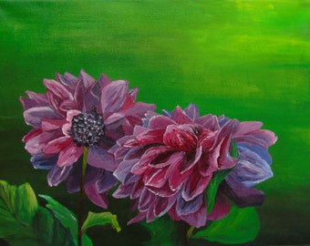 Original Acrylic Flower Painting, 12x16 Floral Painting of Dahlias on Canvas, Free Shipping, Floral Painting