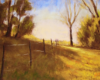 Original 9x12 Pastel Landscape Drawing, Pastel Painting, Unframed Pastel Art, Gold Sunset, Tree Painting, Fence, Impressionist Pastel Sketch