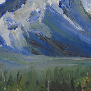 May include: A painting of a mountain range with a blue and white sky. The mountain range is in the background and the foreground is a forest of green trees.