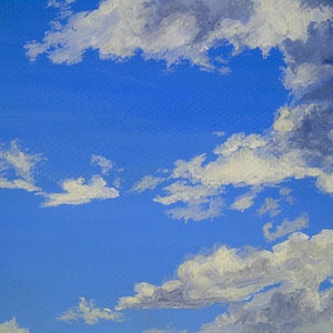 May include: An oil painting of a bright blue sky filled with fluffy white and gray clouds. The clouds are painted with visible brushstrokes, creating a textured effect. The artwork captures a serene, atmospheric landscape.