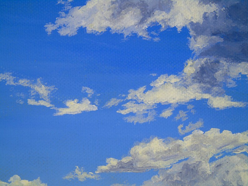 May include: An oil painting of a bright blue sky filled with fluffy white and gray clouds. The clouds are painted with visible brushstrokes, creating a textured effect. The artwork captures a serene, atmospheric landscape.
