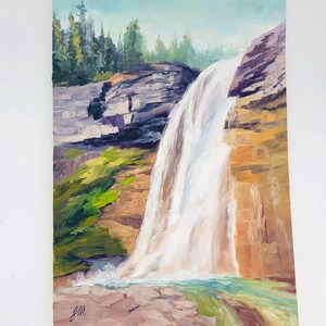 Original 5x7 Oil Waterfall Painting, Landscape Oil Painting, Virginia Falls Glacier National Park Montana, Small Unframed Oil Painting