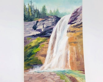Original 5x7 Oil Waterfall Painting, Landscape Oil Painting, Virginia Falls Glacier National Park Montana, Small Unframed Oil Painting