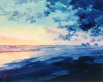 Original 8x10 Acrylic Seascape, Beverly Beach Oregon, Ocean Painting on Canvas, Sunset Painting