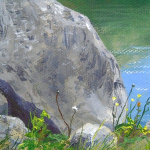 May include: An oil painting depicts a rocky landscape with a body of water. A large gray rock formation dominates the left side, with hints of green vegetation and yellow wildflowers in the foreground. The water is blue.