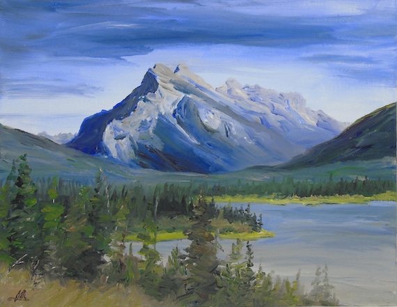 Original 11x14 inch Mountain Landscape Oil Painting, Mount Rundle, Lake, Forest, Mountainscape, Original Oil Painting.FREE SHIPPING