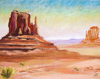 Monument Valley, Arizona "The Mittens", Original 9x12 Pastel Landscape Drawing, Pastel Painting, Unframed Pastel Art, Desert Pastel Sketch