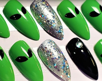 24 Piece Alien UFO Press On Nails Handpainted 90's Moonchild Rave Festival Kawaii Goth Extraterrestrial Bling Pointy Stiletto Holographic