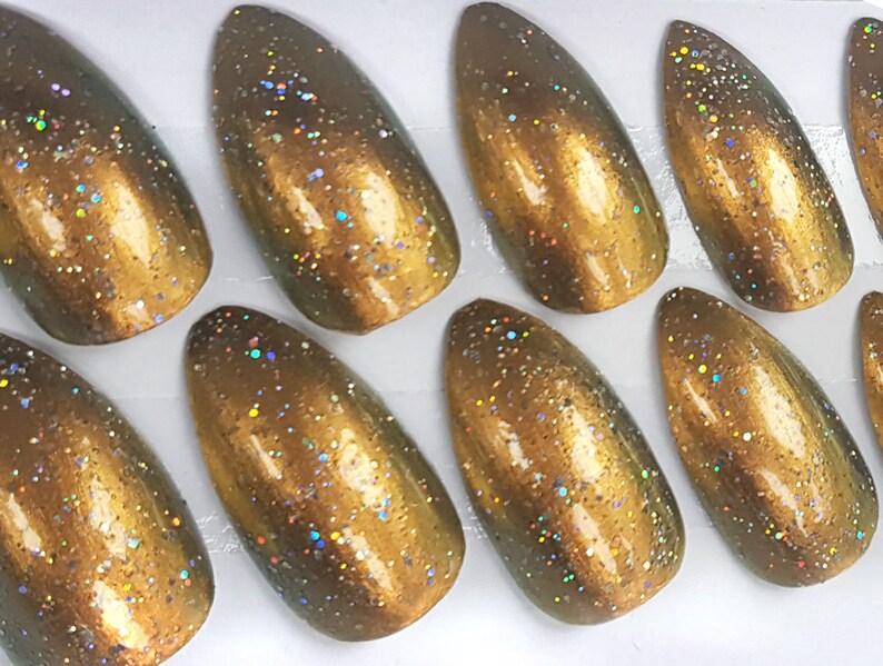 Fairycore Copper Rainbow Holographic Stiletto Press On False Nails Bling Glitter Moonchild Prism Shimmer Witchy Earthtone image 1