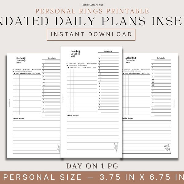 Personal Ring UNDATED Daily Insert Printable Day on 1 page DO1P Planner Insert Printable Personal Planner Inserts Pdf Download for Planners