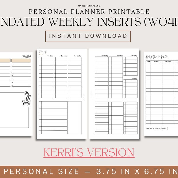 Personal Size Weekly Inserts Undated Printable - Week on 4 Page Weekly Spread Weekly Planning for Productivity Calendar Instant PDF