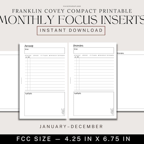 Monthly Focus Insert FCC Printable Monthly Goals Tracker in Franklin Covey Compact Size Planner Printable Instant PDF Download