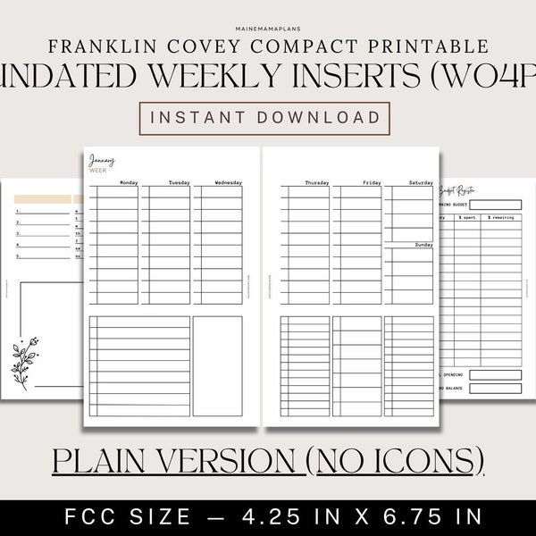 FCC Undated Weekly Inserts Minimal Printable Franklin Covey Compact Rings WO4P Weekly Planner Inserts 4 Page Weekly Tracking PDF Download