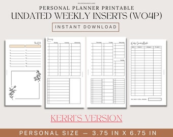 Personal Size Weekly Inserts Undated Printable - Week on 4 Page Weekly Spread Weekly Planning for Productivity Calendar Instant PDF