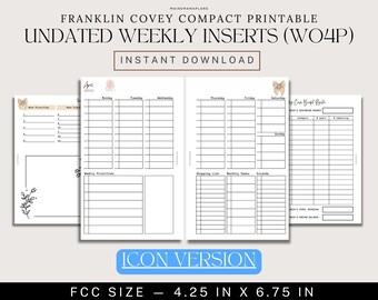 FCC Undated Weekly Inserts Decorated Printable Franklin Covey Compact Rings WO4P Weekly Planner Inserts 4 Page Weekly Tracking PDF Download