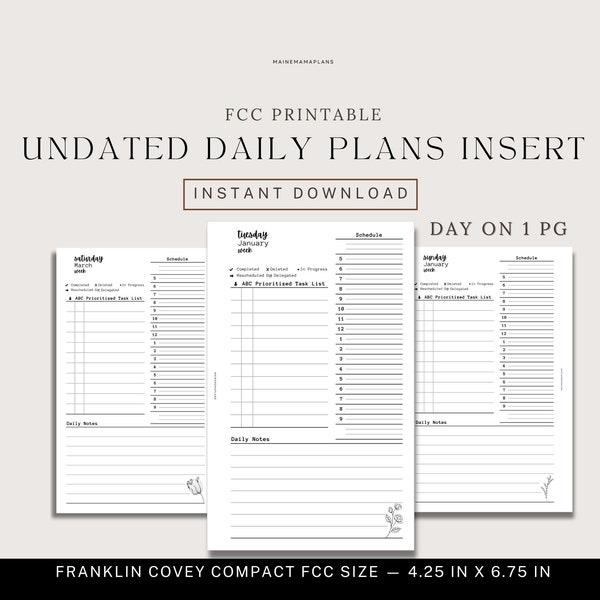Undated Daily Insert Franklin Covey Compact FCC Rings Printable FCC Daily Inserts Do1P Planner Insert Today Dailies PDF Download