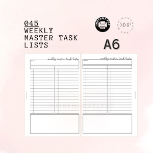 May include: A printable A6 size weekly master task list planner with two columns, each with a section for focus and a list of lines for writing tasks. The planner is designed for organizing and prioritizing tasks.