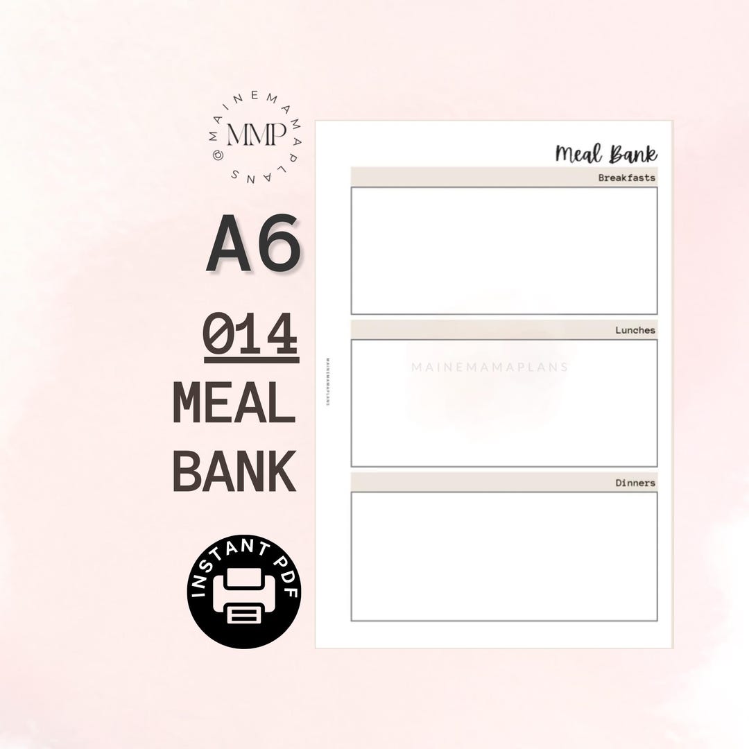 014 - A6: Meal Bank Insert Instant PDF Printable Download Recipe Ideas ...