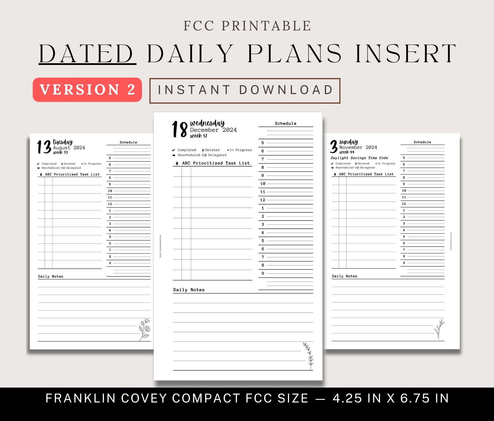 2024 DATED Daily Insert Printable V2 FCC Franklin Covey Compact Day on ...